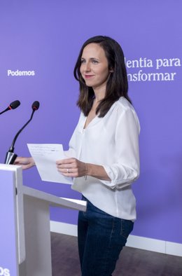 La líder de Podem i ministra de Drets Socials, Ione Belarra, a la seua arribada a una roda de premsa en la seu de Podem, a 29 de maig del 2023, a Madrid (Espanya).
