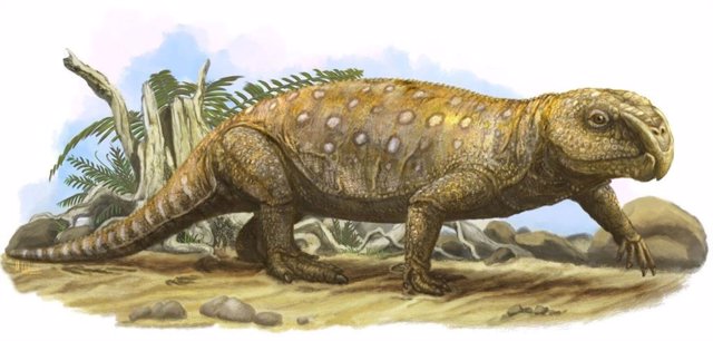Reconstrucción del rincosaurio Bentonyx del Triásico Medio de Devon, hace unos 245 millones de años.