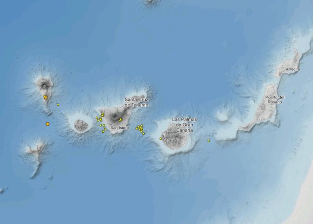 Mapa con los terremotos localizados por el IGN al oeste de Tenerife