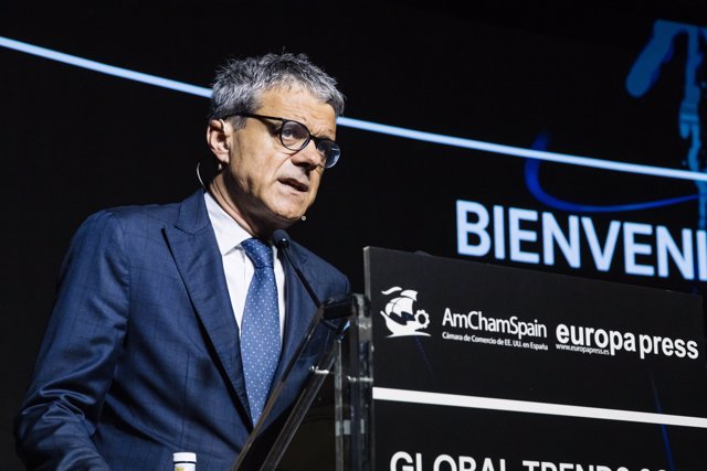 El presidente de la Cámara de Comercio de EE.UU. (AmChamSpain), Jaime Malet, interviene durante el encuentro de Europa Press, ‘Global Trends 2023’.