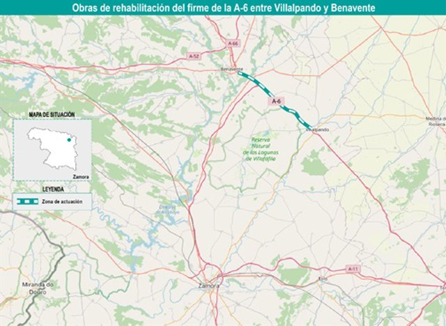 Plano de la intervención en el firme de la A-6 entre Villalpando y Benavente.