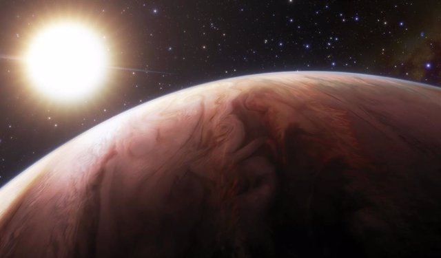 El exoplaneta gigante ultracaliente WASP-76 b, representado aquí, es un mundo extremadamente caliente que orbita muy cerca de su estrella gigante