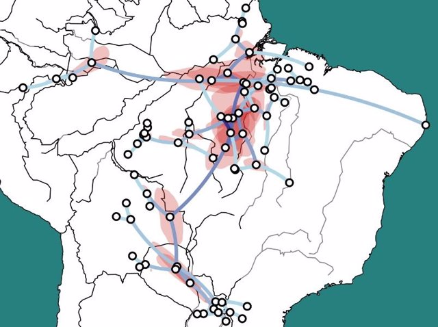 Modelo de relaciones geográficas y parentesco de la familia lingüística tupí-guaraní: las líneas celestes indican parentesco; un color más oscuro indica migración/separación anterior. Las áreas con un 80% de probabilidad de separación de idiomas, en rojo.