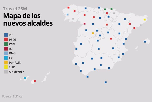 Mapa de nuevos alcaldes tras el 28M