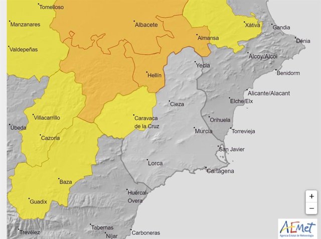 La Agencia Estatal de Meteorología (Aemet) emite para este miércoles un boletín de aviso de nivel amarillo por fenómenos adversos por lluvias y tormentas en el Noroeste de la Región de Murcia