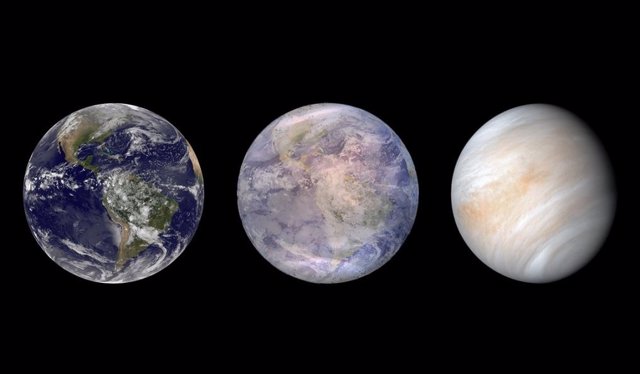 Impresión artística que muestra la evolución potencial del exoplaneta LP 890-9c de una Tierra caliente a un Venus desecado.