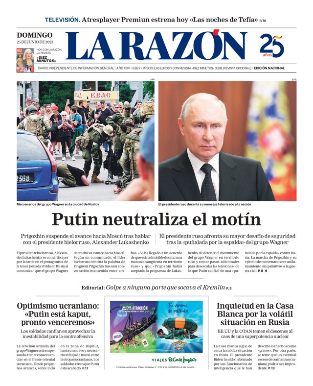 Portada de La Razón del 25/06/2023.
