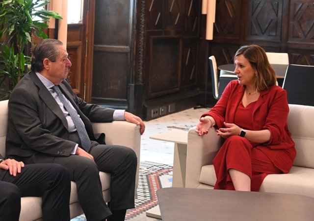La alcaldesa de València, María José Catalá, y el presidente de AVE, Vicente Boluda, durante la reunión que han mantenido en el Ayuntamiento de la ciudad.