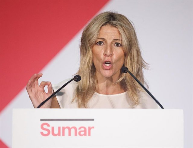 La vicepresidenta segunda, ministra de Trabajo y Economía Social y líder de Sumar, Yolanda Díaz, participa en un acto de precampaña electoral, en el Palacio de Congresos de Toledo, a 2 de julio de 2023, en Toledo, Castilla-La Mancha (España). Yolanda Díaz