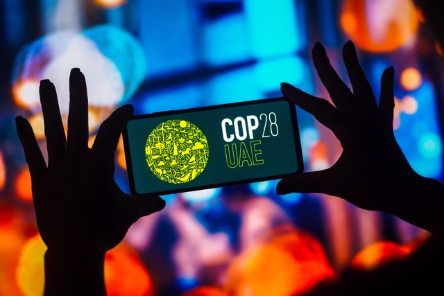 January 31, 2023, Brazil: In this photo illustration, the 2023 United Nations Climate Change Conference COP28 UAE logo is displayed on a smartphone screen.