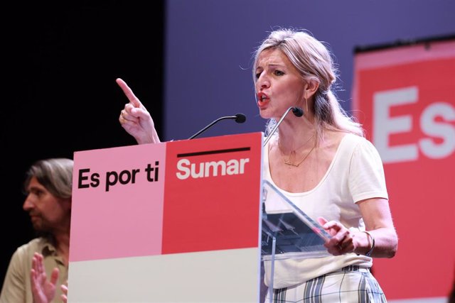 La candidata de Sumar a la Presidencia el Gobierno, Yolanda Díaz, interviene durante un acto público para las elecciones del 23J en el Cartuja Center City, a 9 de julio de 2023 en Sevilla, (Andalucía, España). 