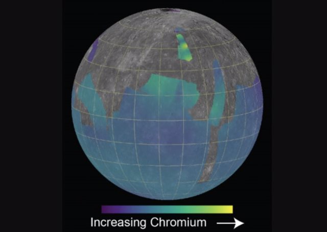 Mapa de abundancia de cromo codificado por colores superpuesto en la imagen MESSENGER de Mercurio.