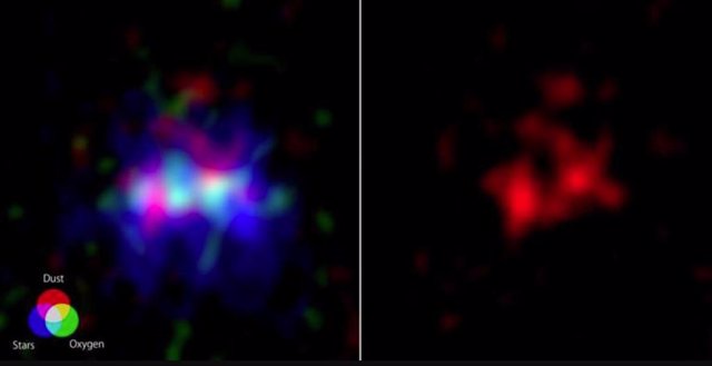 (Izquierda) El Polvo En Rojo, El Oxígeno En Verde Y La Luz De Las Estrellas Fotografiada Por El Hubble En Azul. (Derecha) Las Emisiones De Polvo De ALMA Se Muestran Solas. Una Cavidad Elíptica Alargada, Una Posible Superburbuja, Se Ve En El Centro
