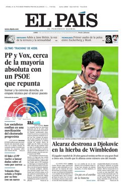 Portada de El País del lunes 17 de julio de 2023.