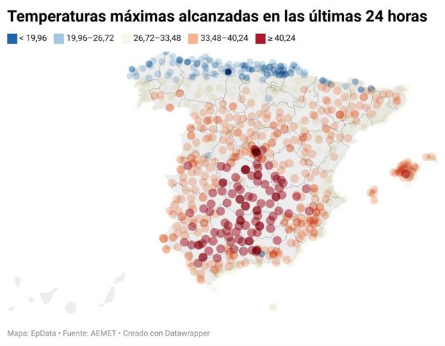 Mapa de temperaturas máximas registradas el 17 y 18 de julio