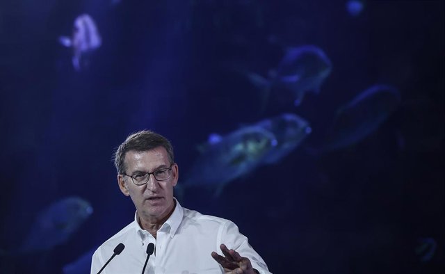 El presidente del PP y candidato del partido a la presidencia del Gobierno, Alberto Núñez Feijóo, interviene durante un mitin central del Partido Popular, a 20 de julio de 2023, en Valencia, Comunidad Valenciana (España). Feijóo ha elegido Valencia para s