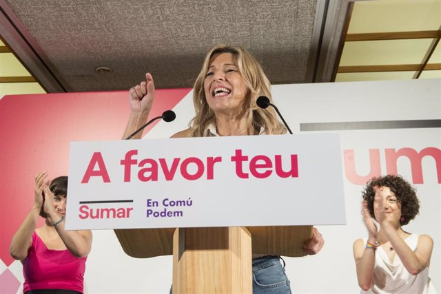 La vicepresidenta segunda y líder de Sumar, Yolanda Díaz, interviene durante un mitin de Sumar-En Comú Podem, a 20 de julio de 2023, en Girona, Catalunya (España). 