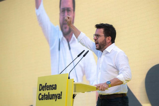 President de la Generalitat i coordinador nacional d'ERC Pere Aragonès, durant un míting per a les eleccions del 23-J a Barcelona