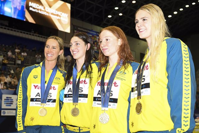 Team Australia (Mollie O'Callaghan, Shayna Jack, Meg Harris, Emma McKeon) 1st place, Women's 4x100m Freestyle Relay Medal Ceremony during the 20th FINA Swimming World Championships Fukuoka 2023 on July 23, 2023 at Marine Messe Fukuoka.