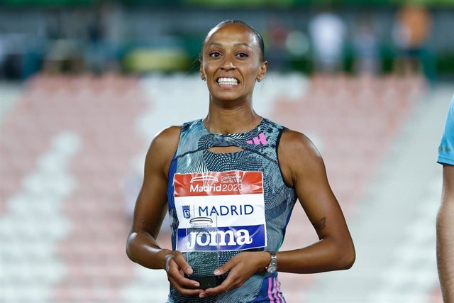 Ana PELETEIRO of Spain celebrates after winning in triple jump women during the Madrid Athletics Meeting celebrated at Vallehermoso stadium on July 22, 2023, in Madrid, Spain.