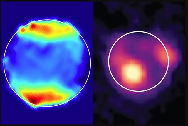 Un mapa espectroscópico de Ganímedes (izquierda) y una imagen infrarroja del JWST de Io (derecha), tomadas por Webb