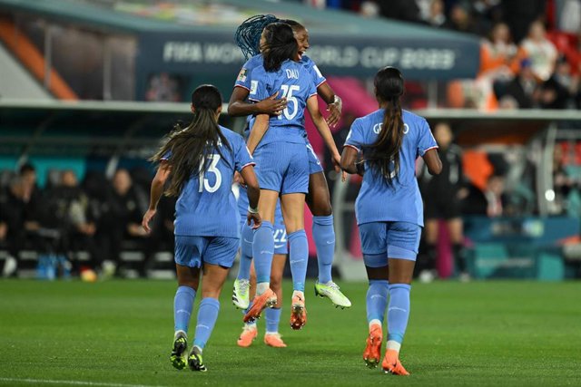 Kadidiatou Diani of France (left) celebrates with Kenza Dali after scoring a goal during the FIFA Women's World Cup 2023 Round of 16 soccer match between France and Morocco at Hindmarsh Stadium in Adelaide.