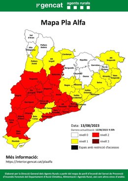 Mapa del Pla Alfa en Catalunya para el domingo 13 de agosto