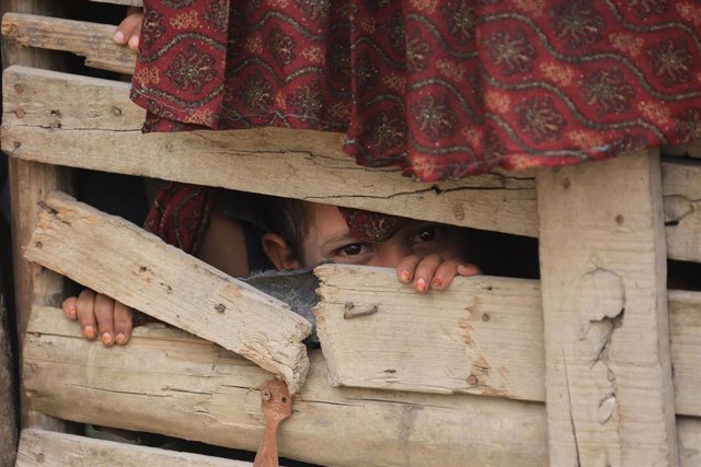 Archivo - Un niño se asoma entre maderas en un campo de desplazados en Kabul, Afganistán