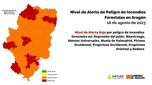 Mapa de riesgos de incendios forestales del 16 de agosto de 2023.