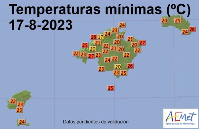 Temperaturas mínimas del 17 de agosto en Baleares.