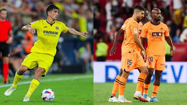 El delantero Gerad Moreno (Villarreal); y jugadores del Valencia.