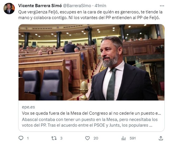 Mensaje en la red social X de Vicente Barrera