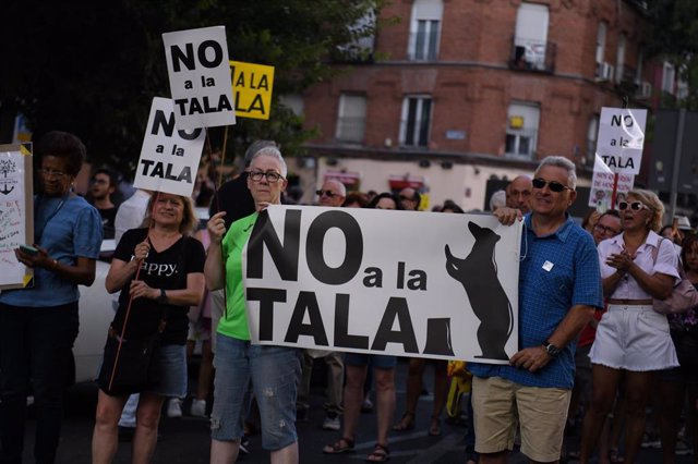 Decenas de personas durante una manifestación contra la tala de árboles en Arganzuela, a 3 de agosto de 2023, en Madrid (España). 