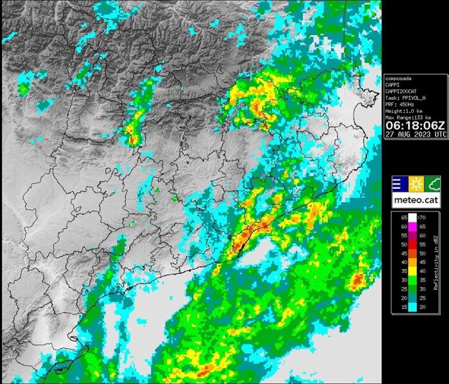Mapa del Meteocat de les tempestes al litoral central de Catalunya