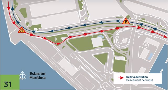 Mapa del desvío de tráfico en el Paseo Marítimo de Palma