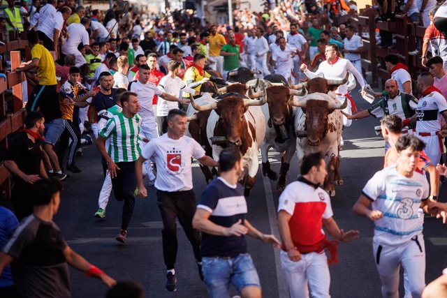 Varios corredores durante el primer encierro de las fiestas de San Sebastián de los Reyes