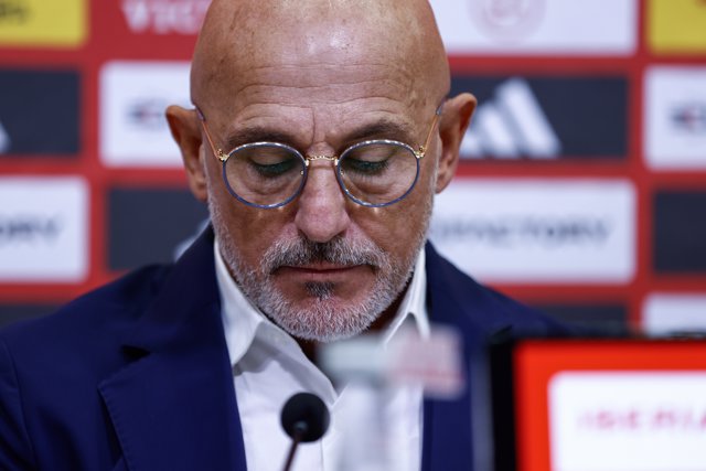 Luis de la Fuente, head coach of Spain Team, attends during his press conference to talk about Luis Rubiales and give the list of players for the next matches of the team at Ciudad del Futbol on September 01, 2023, in Las Rozas, Madrid, Spain.
