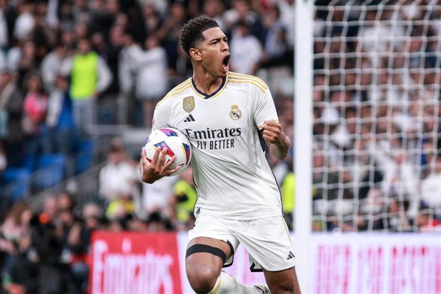 Jude Bellingham of Real Madrid celebrates a goal during the spanish league, LaLiga EA Sports, football match played between Real Madrid and Getafe CF at Santiago Bernabeu stadium on September 02, 2023, in Madrid, Spain.