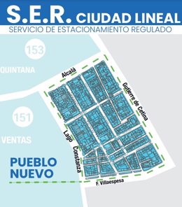 Cartel de la zona SER en el distrito de Ciudad Lineal