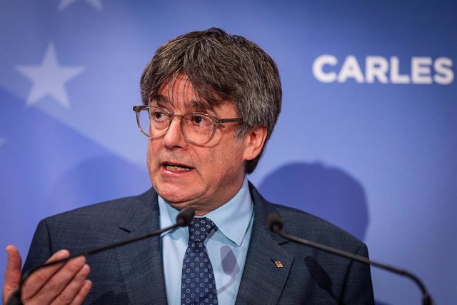 05 September 2023, Belgium, Brussels: Catalan leader in exile and Member of the European Parliament Carles Puigdemont delivers the opening speech of the annual inter-parliamentary conference organized by Junts per Catalunya. Photo: James Arthur Gekiere/Be