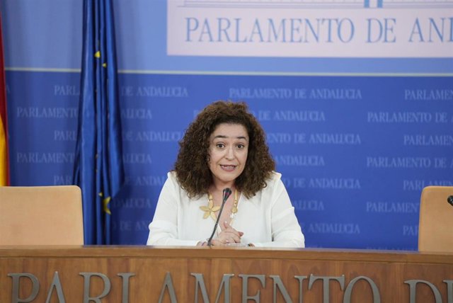 La portavoz del grupo parlamentario Por Andalucía, Inmaculada Nieto, en rueda de prensa en el Parlamento.