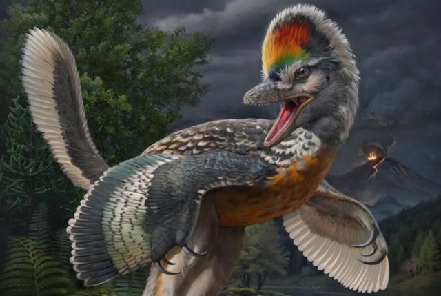 Reconstrucción de la vida del terópodo aviano Fujianvenator prodigiosus de 150 millones de años.