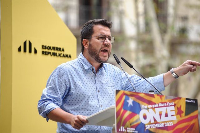 El presidente de la Generalitat y coordinador nacional de ERC, Pere Aragonès, en el acto de ERC por la Diada.