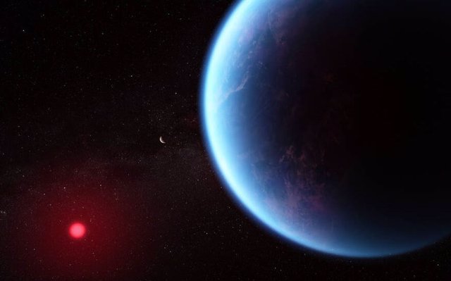 El concepto de este artista muestra cómo podría verse el exoplaneta K2-18 b según datos científicos.