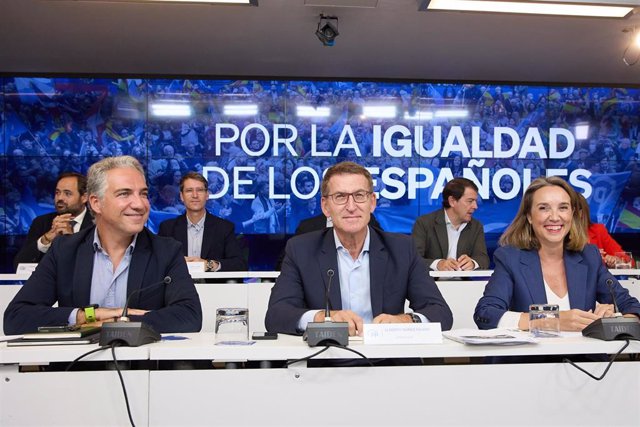 (I-D) El coordinador general del Partido Popular, Elías Bendodo; el presidente del Partido Popular, Alberto Núñez Feijóo, y la secretaria general del PP, Cuca Gamarra, presiden la reunión de la Junta Directiva Nacional del partido, en la sede del PP, a 11