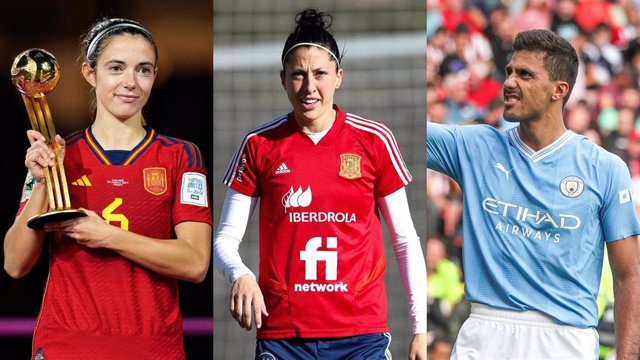 Las jugadoras Aitana Bonmatí (FC Barcelona) y Jenni Hermoso (Pachuca), y el futbolista Rodri Hernández (Manchester City).