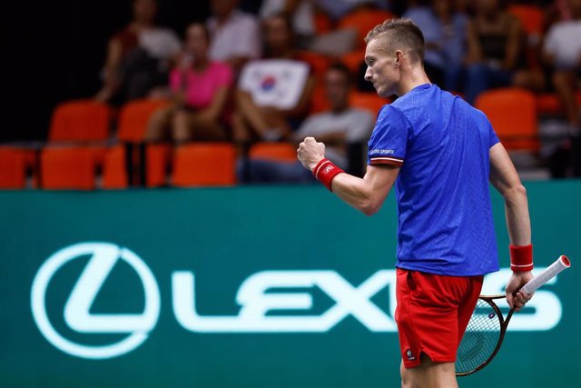 Jiri Lehecka of Czech Republic in action against Soonwoo Kwon of South Korea during the Davis Cup 2023, Group C, tennis match played between Czech Republic and South Korea at Fuente de San Luis pavilion on September 14, 2023, in Valencia, Spain.