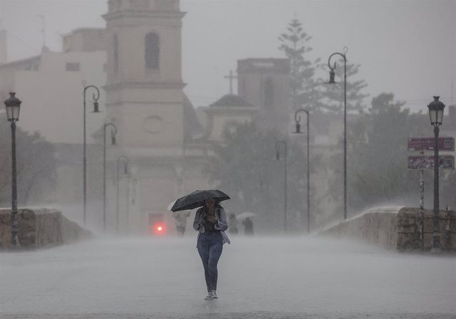 Una persona camina con un paraguas bajo la lluvia