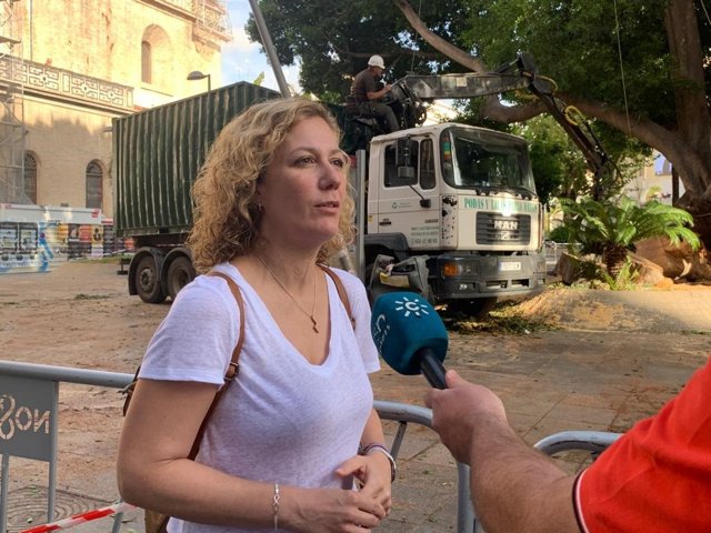 La portavoz de Podemos-IU, Susana Hornillo, atiende a los medios junto al ficus de la Encarnación.