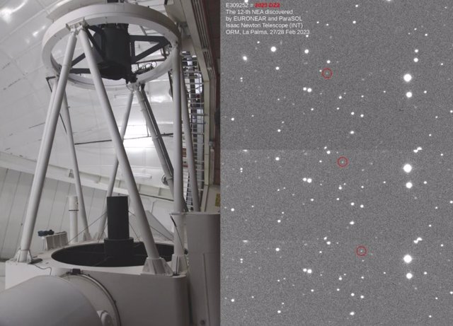 Telescopio Isaac Newton y asteroide 2023 DZ2
